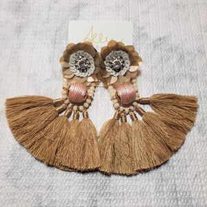 Allie Beads Brown Beaded Sequin Tassel Fringe Statement Earrings Boho NEW NWT